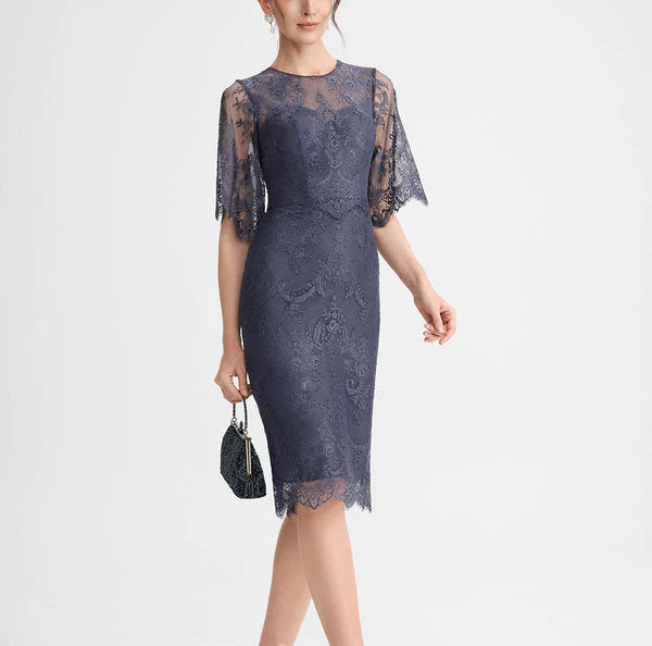 Dusty Blue Lace Sheath Knee-Length Dress with Sheer Sleeves