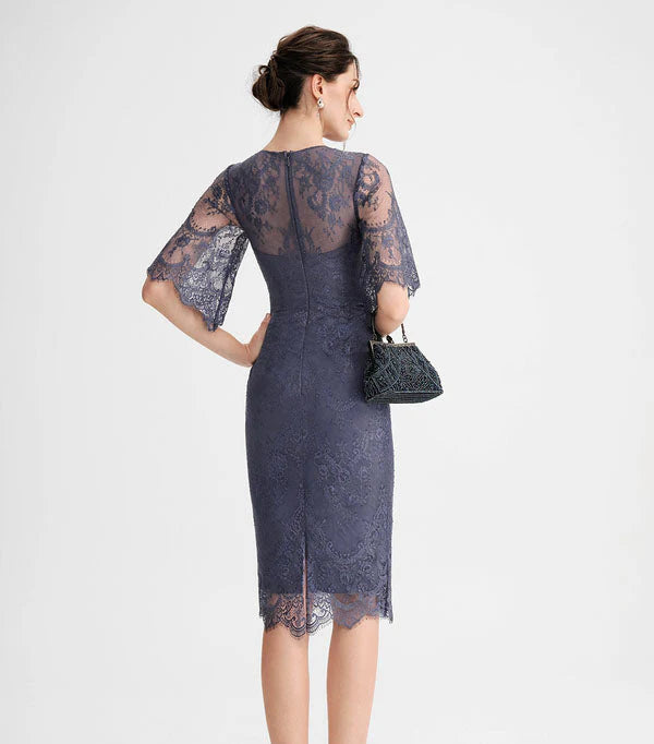 Dusty Blue Lace Sheath Knee-Length Dress with Sheer Sleeves