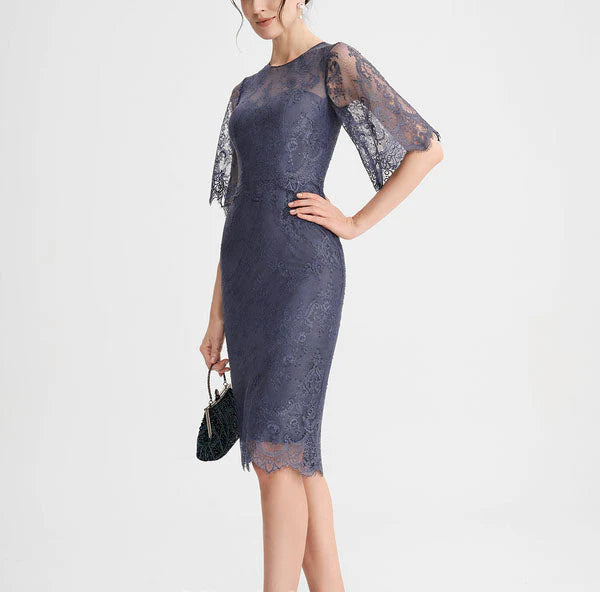 Dusty Blue Lace Sheath Knee-Length Dress with Sheer Sleeves