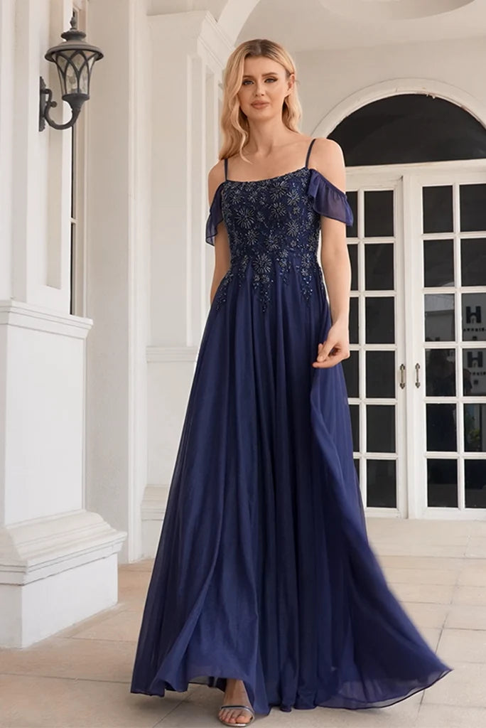 Dark Navy Chiffon A-Line Floor-Length Bridesmaid Dress - Embellished Sweetheart & Off-the-Shoulder