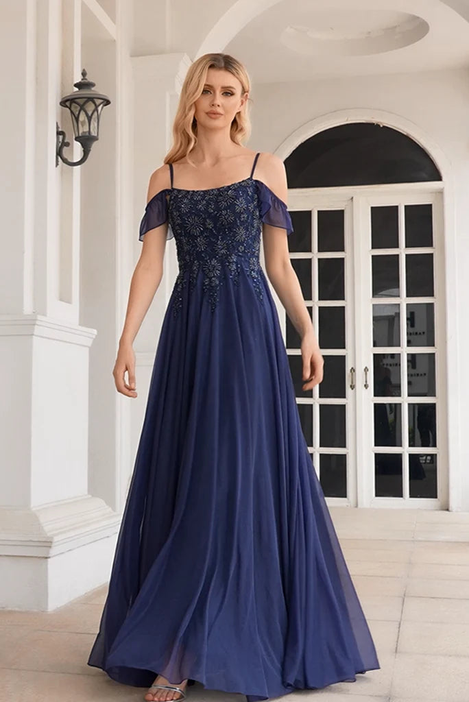 Dark Navy Chiffon A-Line Floor-Length Bridesmaid Dress - Embellished Sweetheart & Off-the-Shoulder