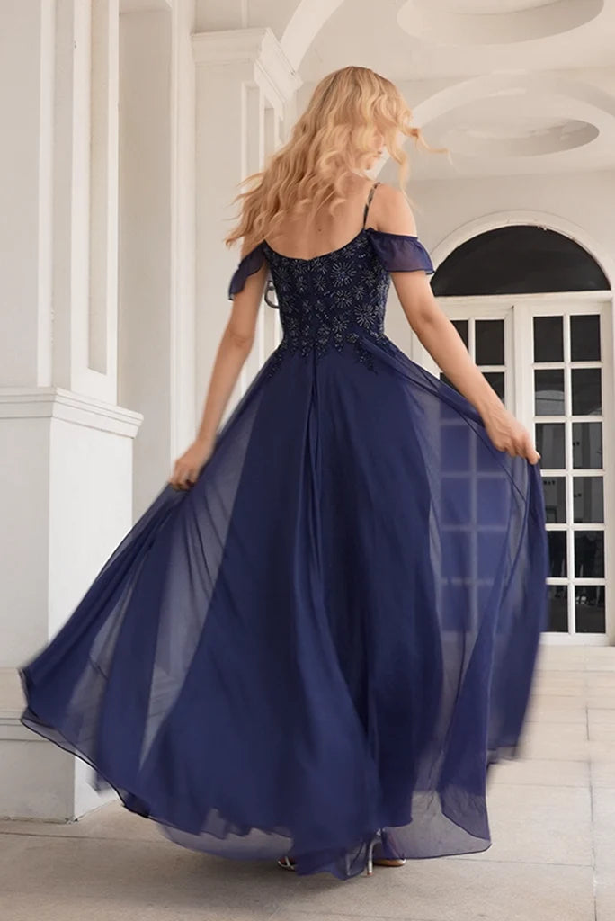 Dark Navy Chiffon A-Line Floor-Length Bridesmaid Dress - Embellished Sweetheart & Off-the-Shoulder
