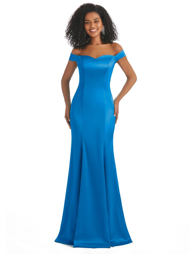 Vestidos de dama de honor largos, sencillos, de satén suave, sin mangas y con hombros descubiertos, de corte sirena