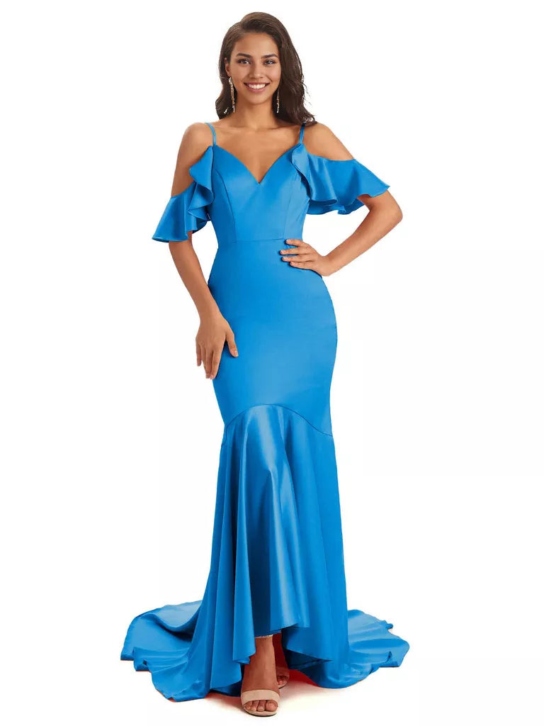 Soft Satin Asymmetric Spaghetti Straps Sleeveless Mermaid Cold Shoulder Bridesmaid Dresses