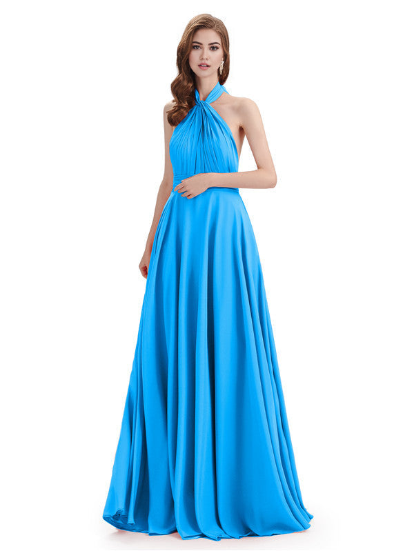 Simple A-Line High Neck Halter Sleeveless Pleats Chiffon Floor Length Bridesmaid Dresses