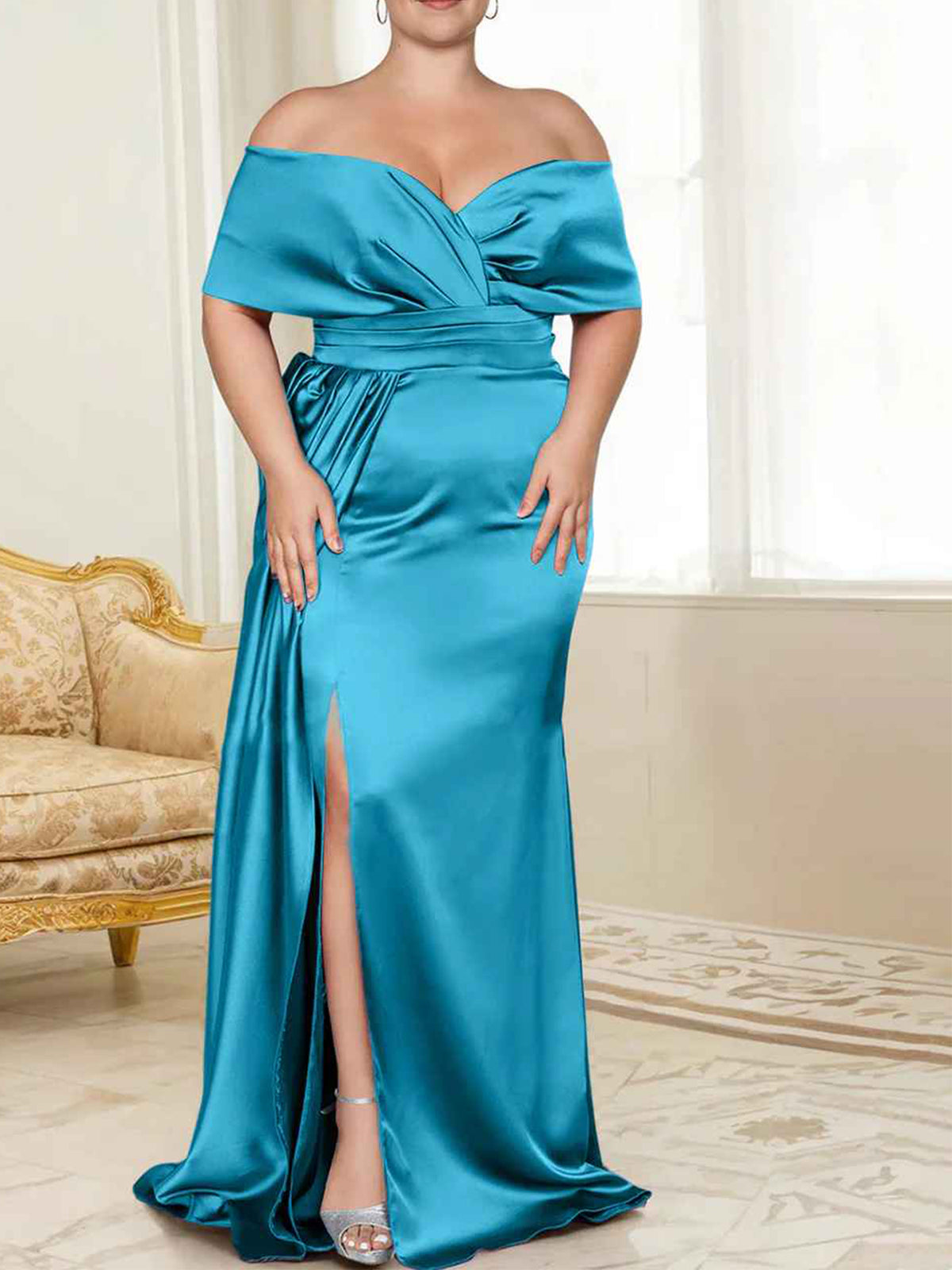 Sage Green Satin Off-the-Shoulder Bridesmaid Dress with Draped Bodice & High Slit