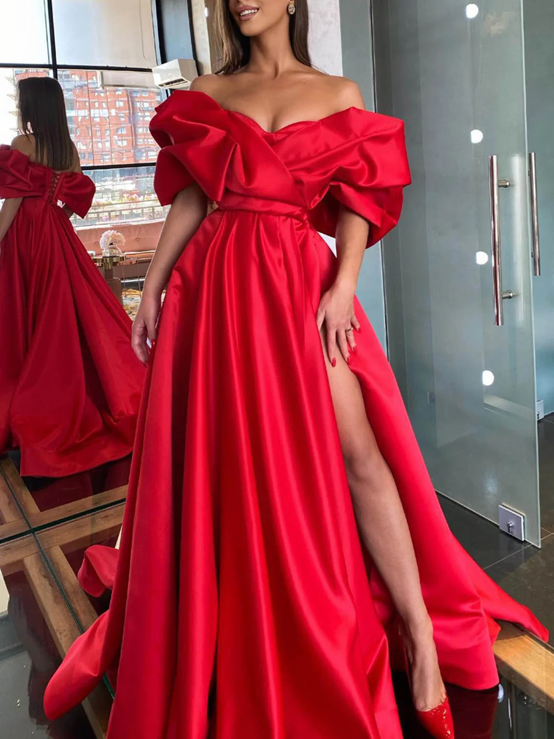 Elegant Red Satin A-Line Floor-Length Off-the-Shoulder Lace-up Dress