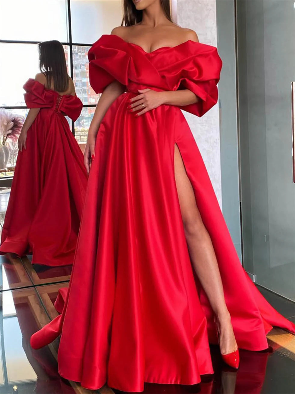 Vestido de fiesta estilo princesa con hombros descubiertos y corte A