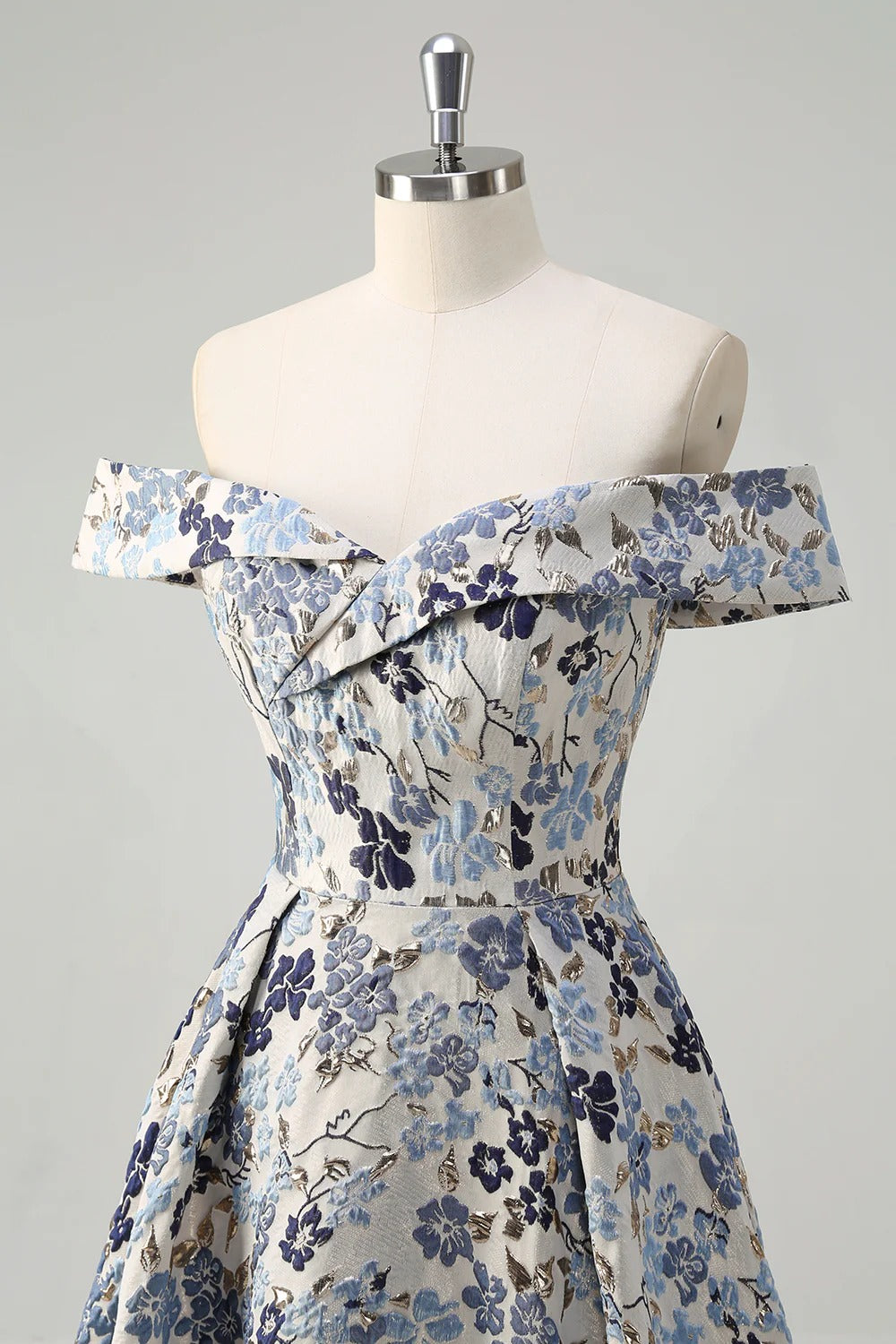 Off-the-Shoulder Blue Floral Jacquard Gown with Thigh-High Slit