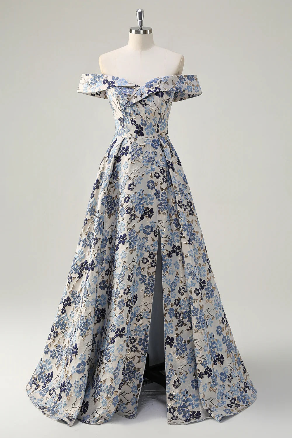Off-the-Shoulder Blue Floral Jacquard Gown with Thigh-High Slit
