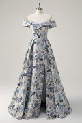 Blue Satin A-Line Floor-Length Off-the-Shoulder Evening Dress
