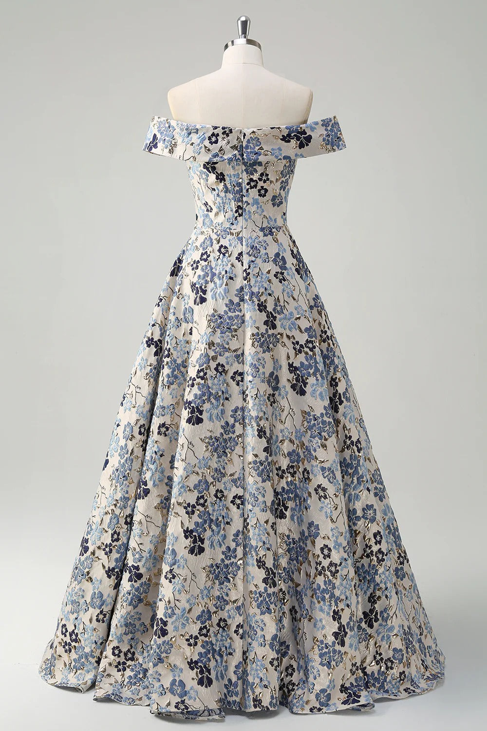 Off-the-Shoulder Blue Floral Jacquard Gown with Thigh-High Slit