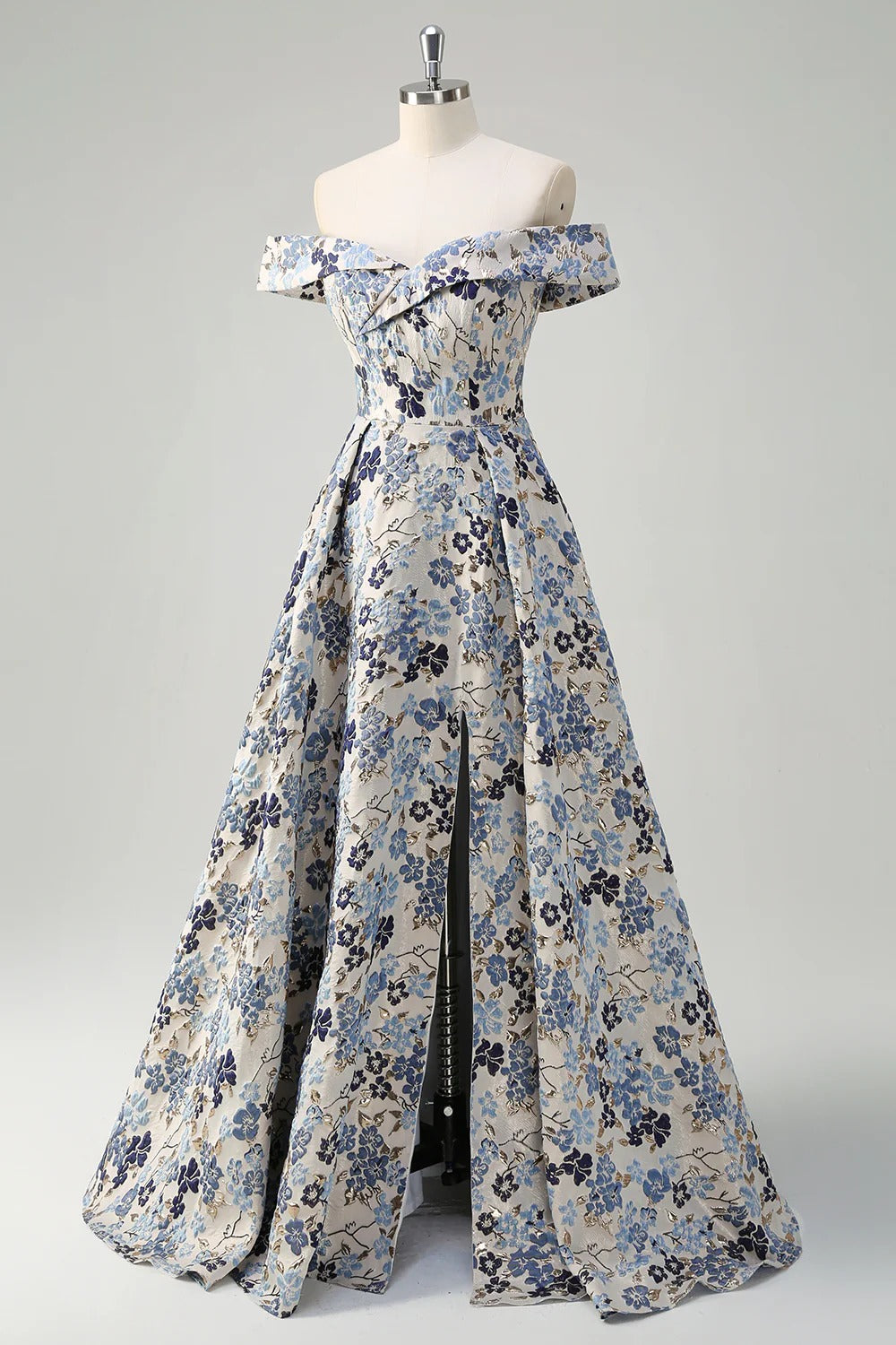 Off-the-Shoulder Blue Floral Jacquard Gown with Thigh-High Slit
