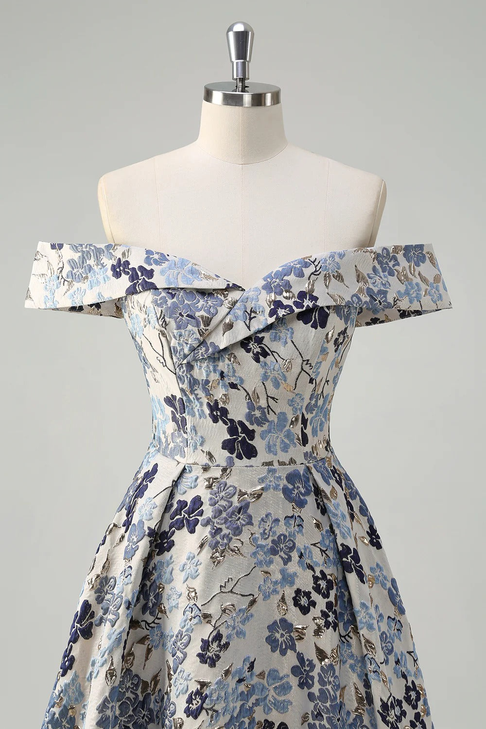 Off-the-Shoulder Blue Floral Jacquard Gown with Thigh-High Slit