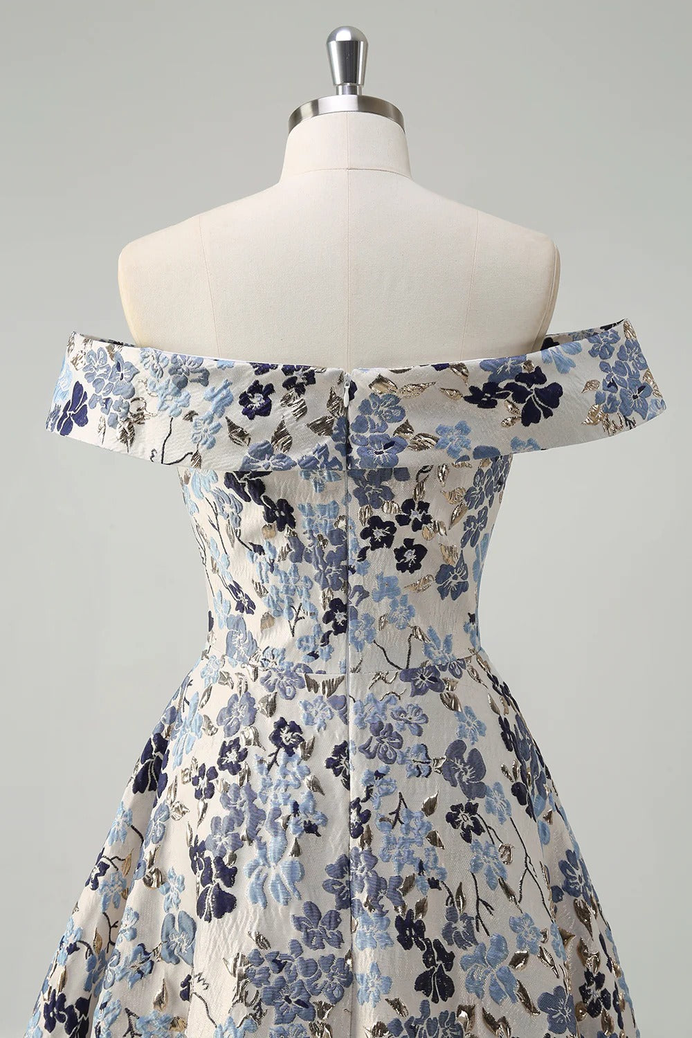 Off-the-Shoulder Blue Floral Jacquard Gown with Thigh-High Slit