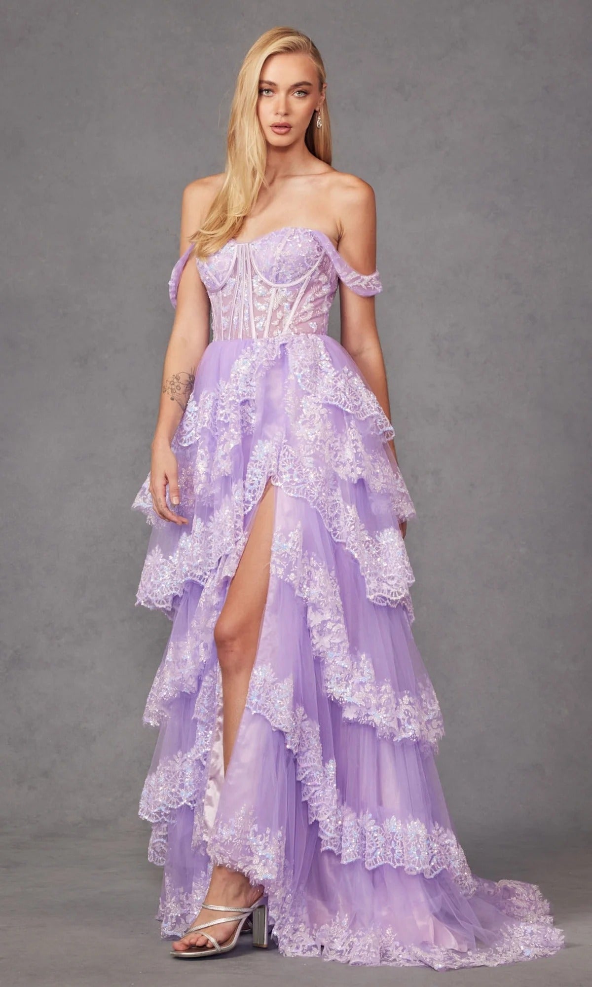Off-the-Shoulder Corset Tiered Tulle Gown with Lace Embroidery and Slit