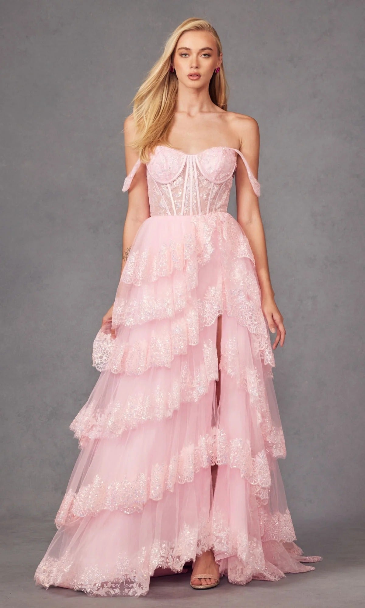 Off-the-Shoulder Corset Tiered Tulle Gown with Lace Embroidery and Slit