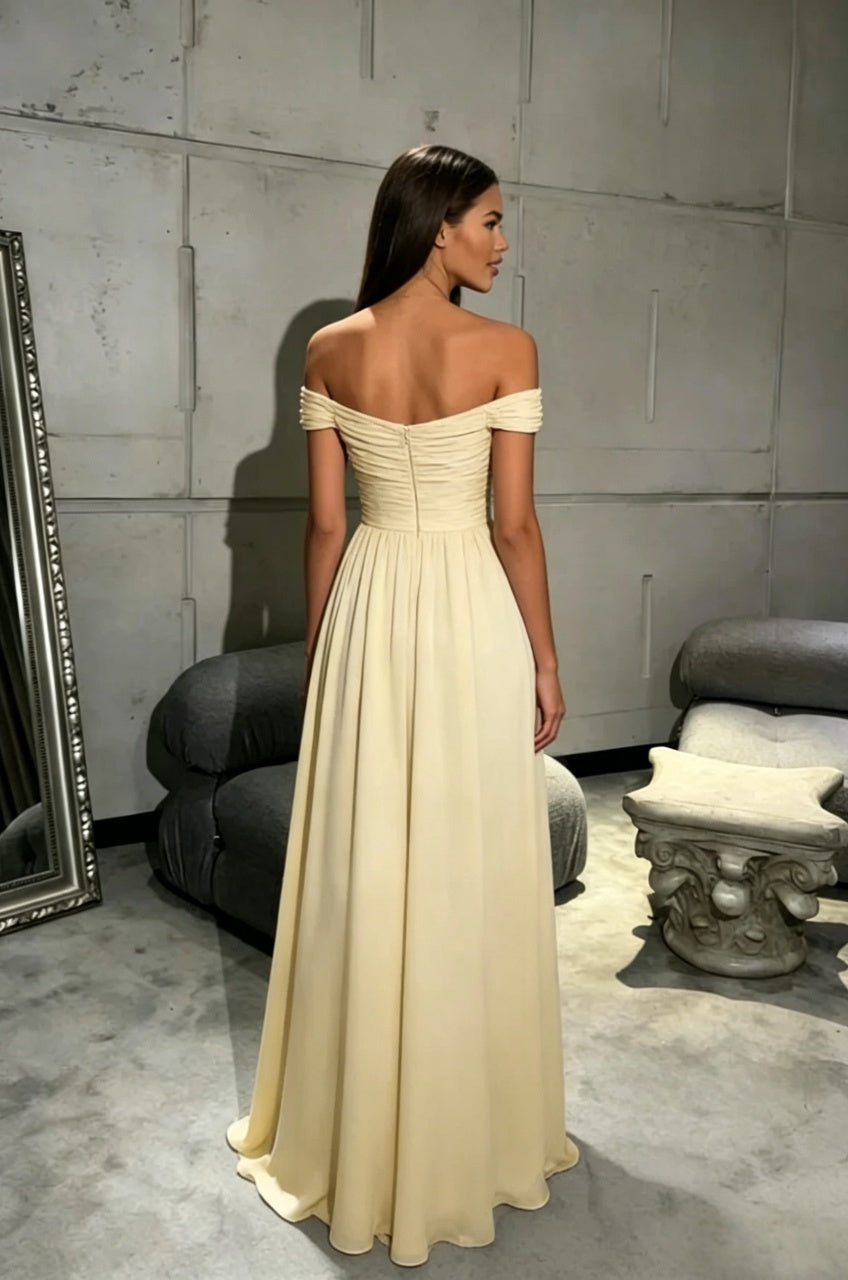Off-the-Shoulder Ruched Bodice Flowy A-Line Floor-Length Chiffon Evening Dresses