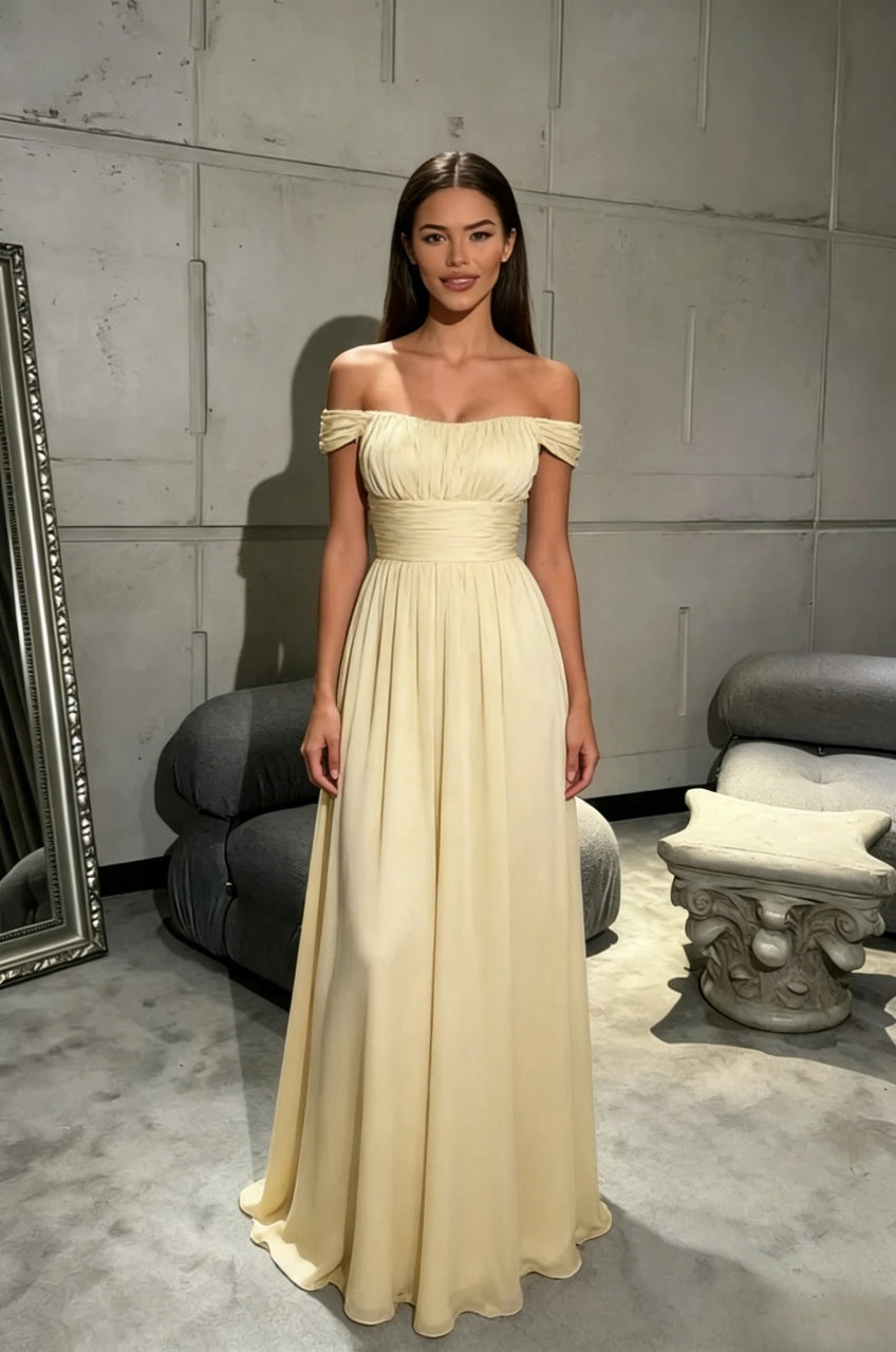 Off-the-Shoulder Ruched Bodice Flowy A-Line Floor-Length Chiffon Evening Dresses