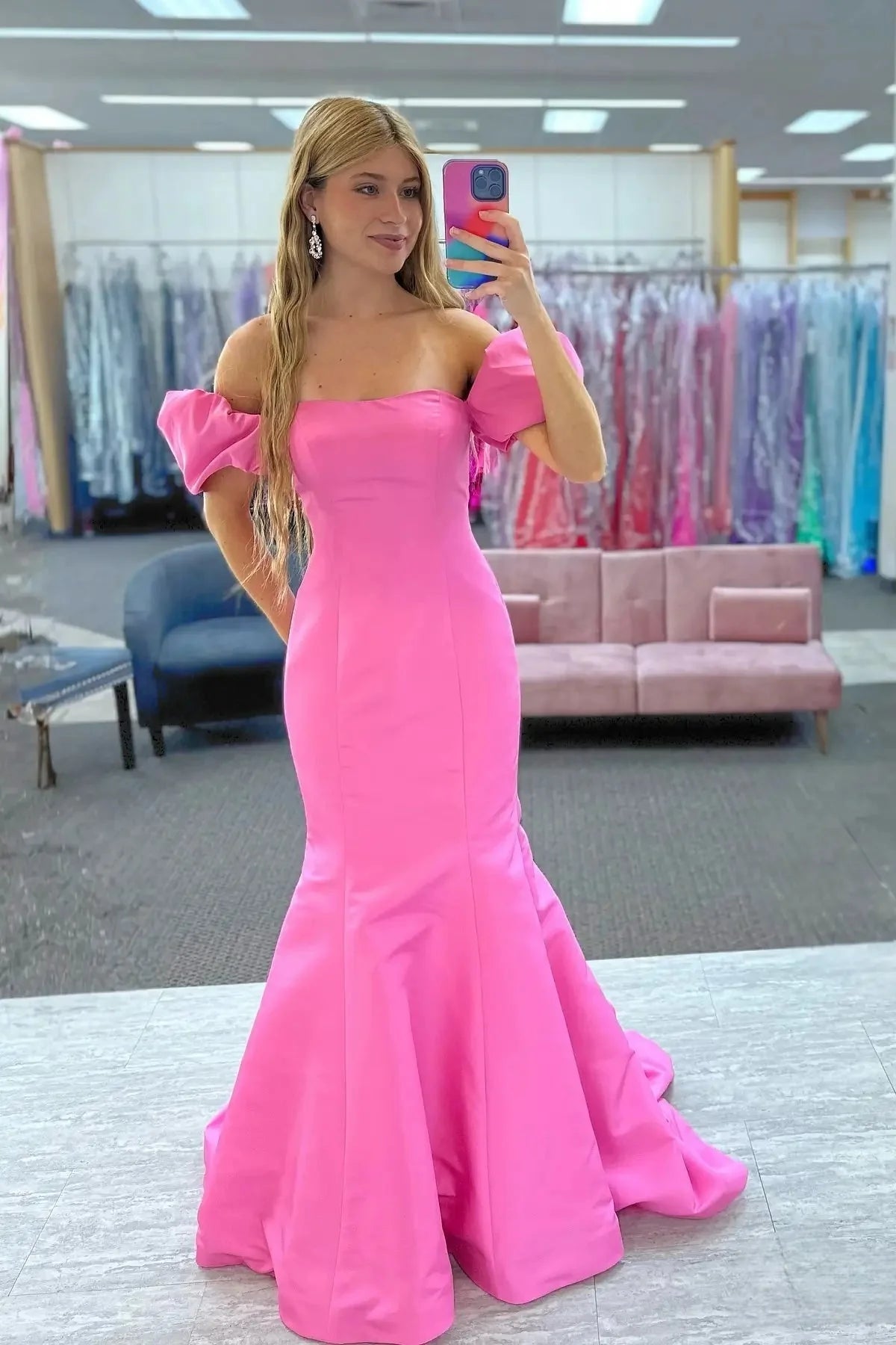Pink Satin Off-the-Shoulder Midi Evening Dress | Puff Sleeves