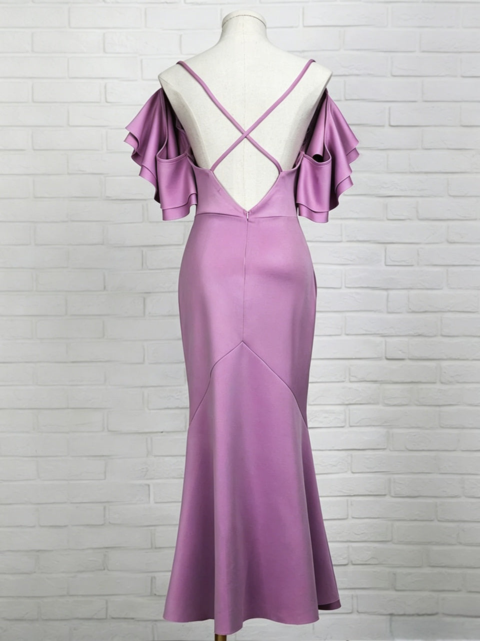 Off Shoulder Ruffle Cross Back Midi Mermaid Satin Evening Dresses