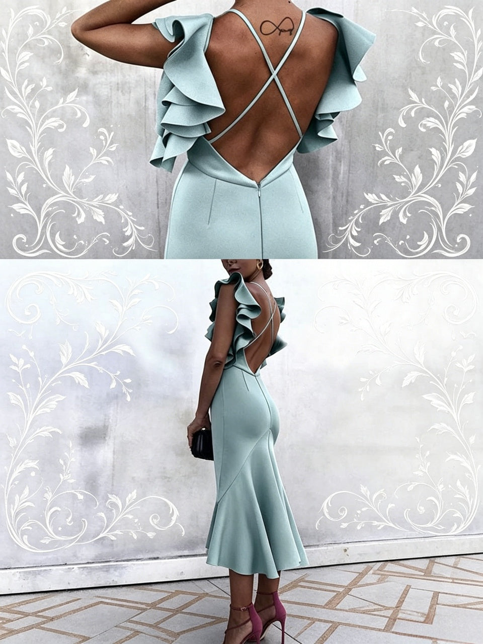 Off Shoulder Ruffle Cross Back Midi Mermaid Satin Evening Dresses