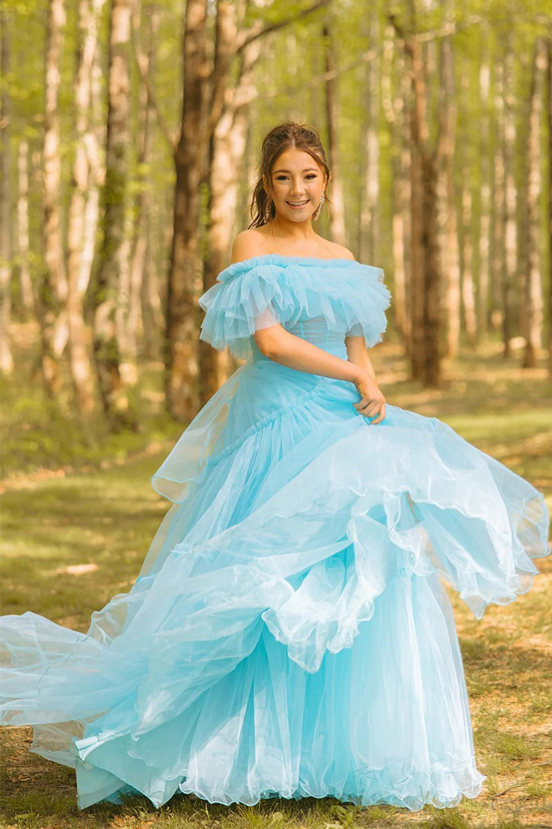 Sky Blue Tulle A-Line Off-the-Shoulder Floor-Length Bridesmaid Dress with Ruffled Tiered Skirt