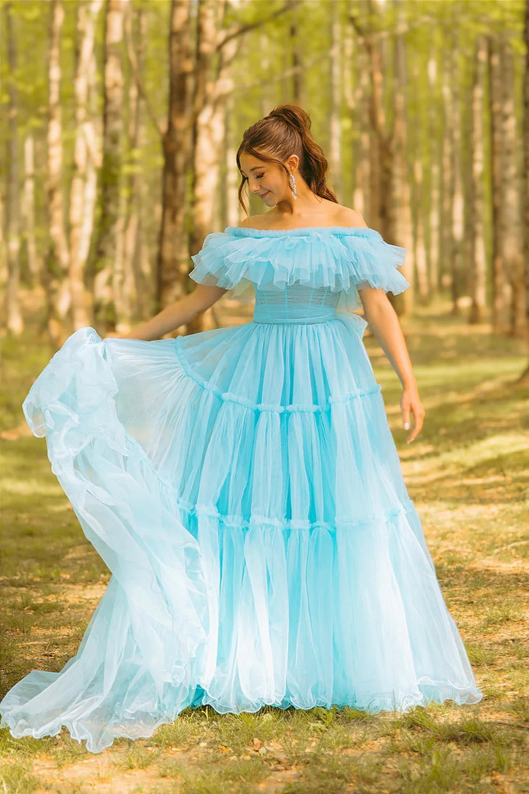 Off Shoulder Tulle Tiered Prom Dresses Ruffle Neck Bow Back Maxi Formal Gown
