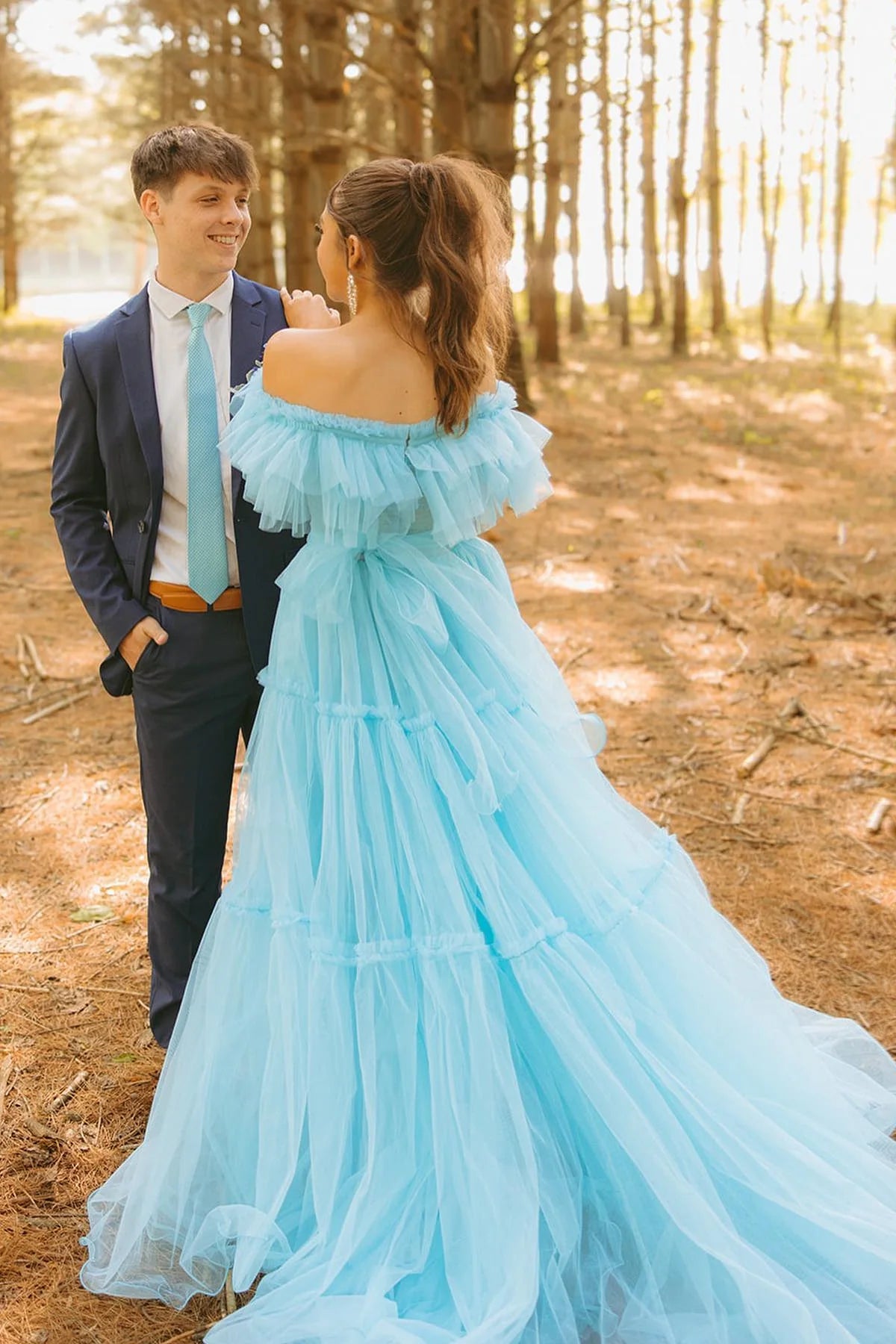 Sky Blue Tulle A-Line Off-the-Shoulder Floor-Length Bridesmaid Dress with Ruffled Tiered Skirt