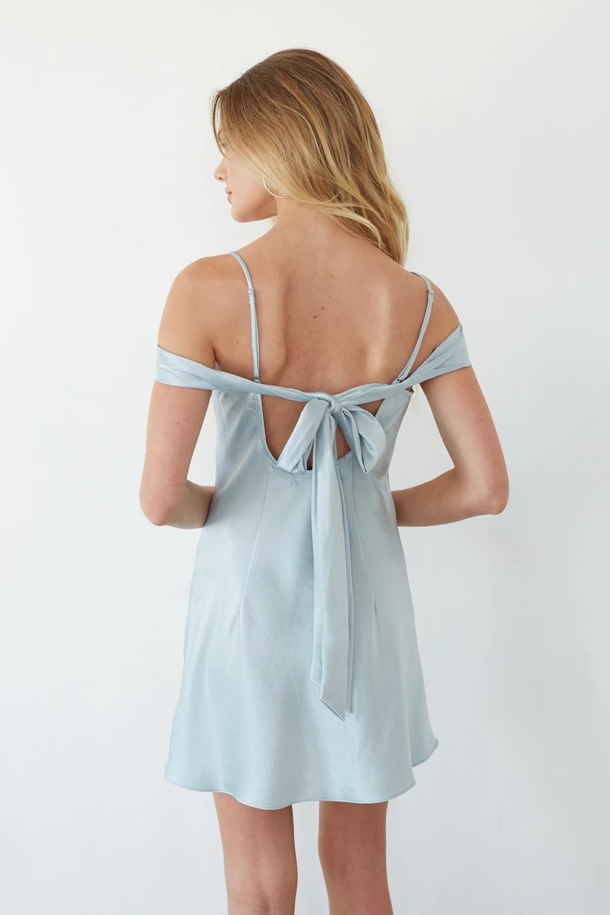Off Shoulder Twist Back Bow Glossy Satin Mini Homecoming Dresses