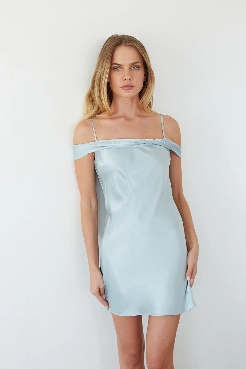Off Shoulder Twist Back Bow Glossy Satin Mini Homecoming Dresses