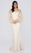 Ivory Crepe 3D Floral Puff Sleeve Off-the-Shoulder Sheath/column Floor-Length Evening Dress