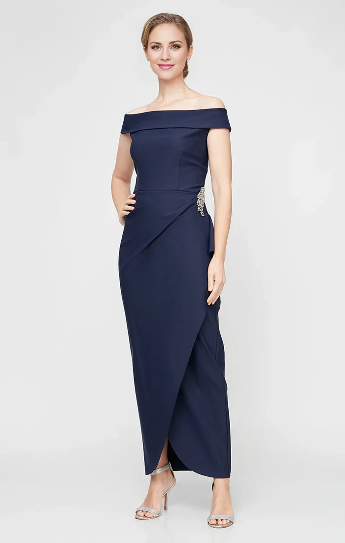 Dark Navy Off-the-Shoulder Sheath Crepe Floor-Length Evening Dress