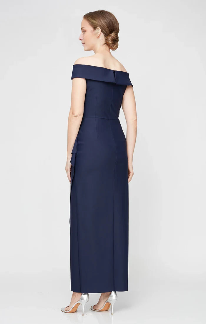 Dark Navy Off-the-Shoulder Sheath Crepe Floor-Length Evening Dress