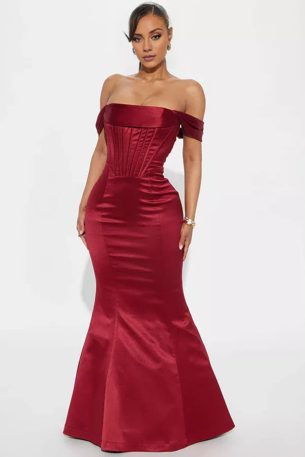 Off shoulder collar sleeveless backless mermaid and floor length evening dress