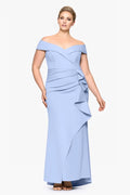 Sky Blue Crepe Off-the-Shoulder Ruffle Sheath Floor-Length Gown