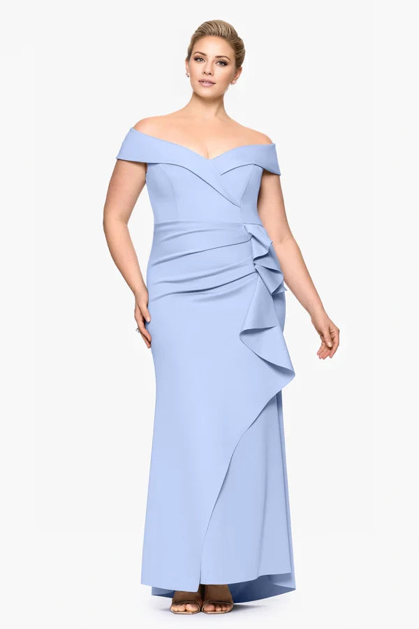 Sky Blue Crepe Off-the-Shoulder Ruffle Sheath Floor-Length Gown
