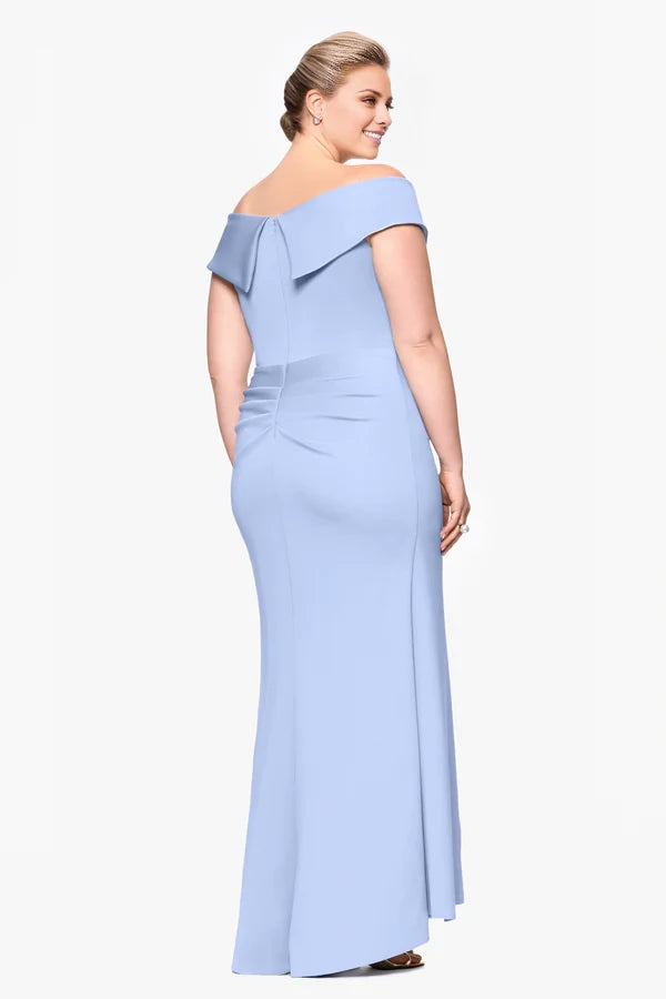 Sky Blue Crepe Off-the-Shoulder Ruffle Sheath Floor-Length Gown