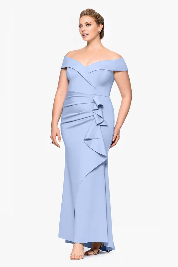 Sky Blue Crepe Off-the-Shoulder Ruffle Sheath Floor-Length Gown