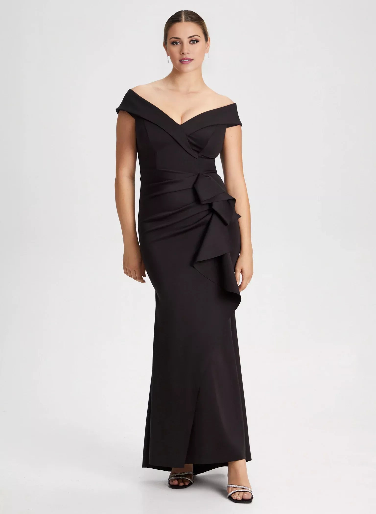 Off shoulder collar sleeveless backless ruffle edge and floor length evening dress