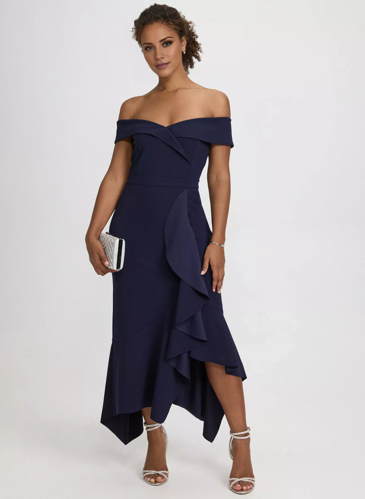 Dark Navy Crepe Off-the-Shoulder Midi A-Line Evening Dress with Cascading Ruffles & Asymmetrical Hem