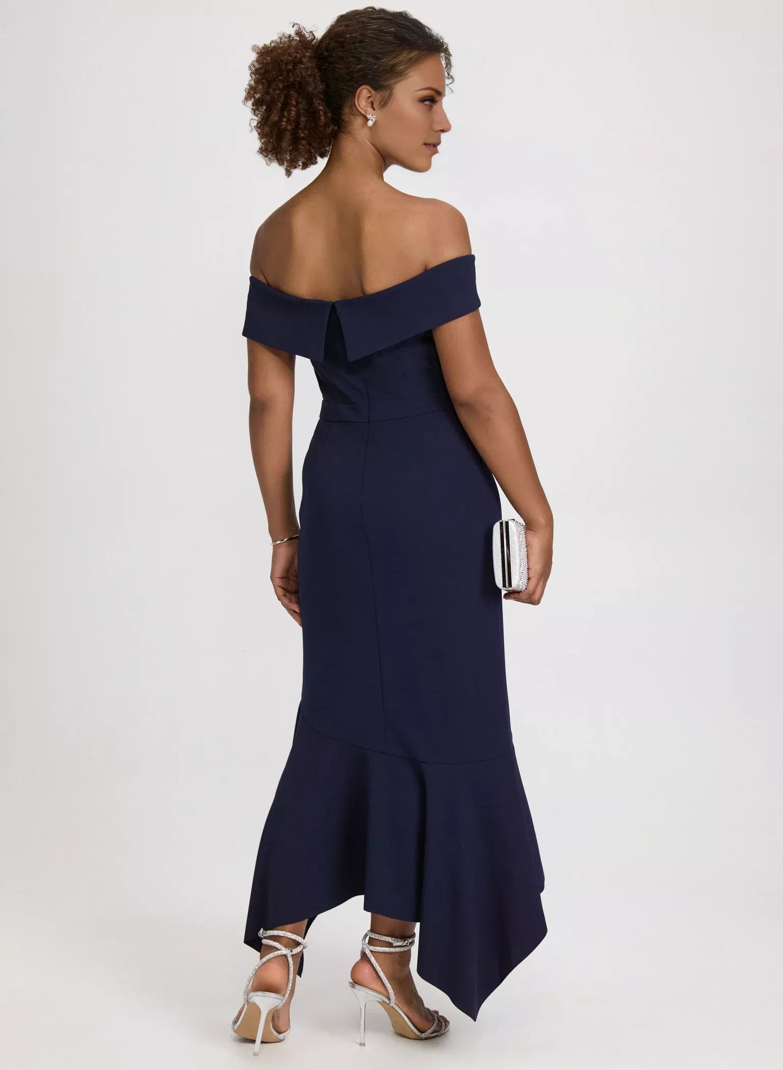 Off shoulder collar sleeveless backless ruffle edge side slit long evening dress