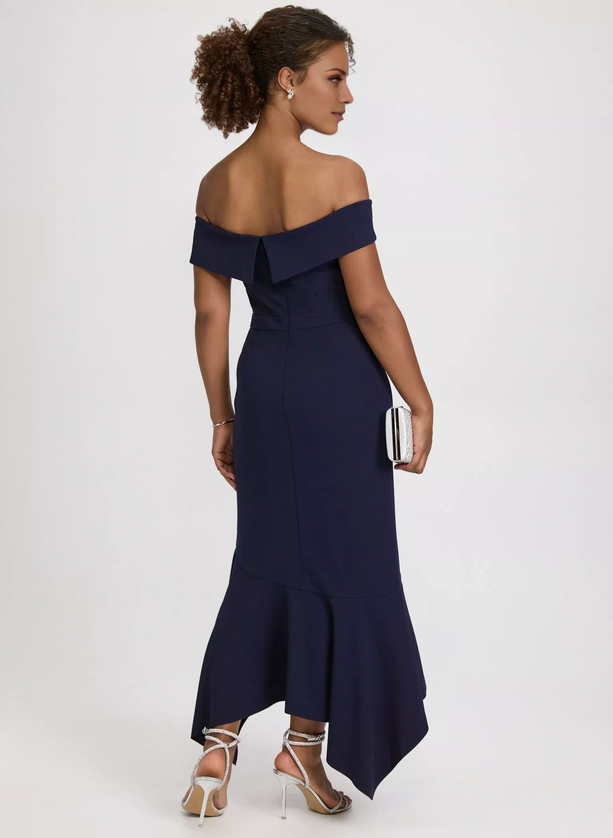 Dark Navy Crepe Off-the-Shoulder Midi A-Line Evening Dress with Cascading Ruffles & Asymmetrical Hem