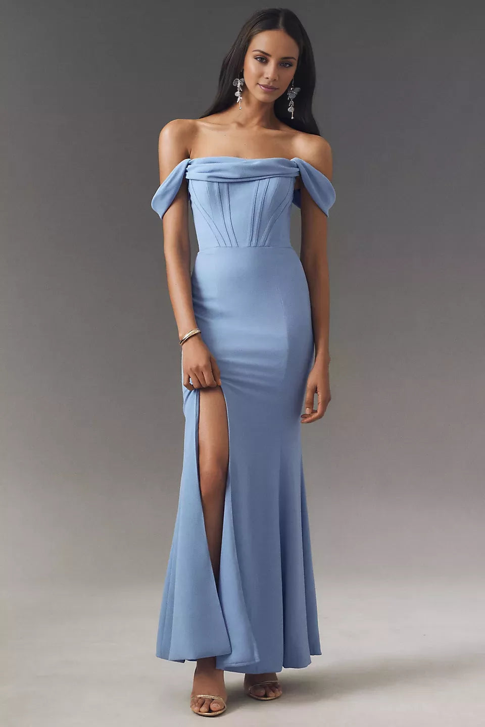 Off shoulder collar sleeveless backless side slit and floor length Prom dress