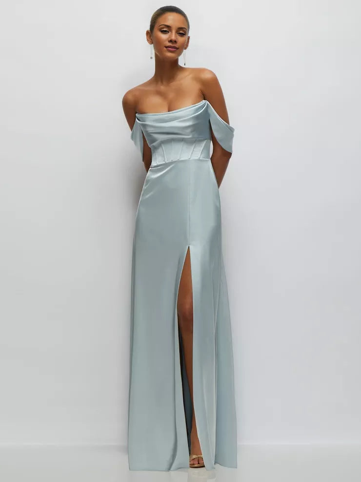 Off shoulder collar sleeveless backless side slit and floor length Prom dress