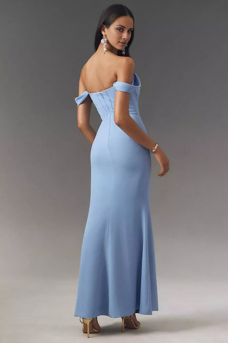 Off shoulder collar sleeveless backless side slit and floor length Prom dress