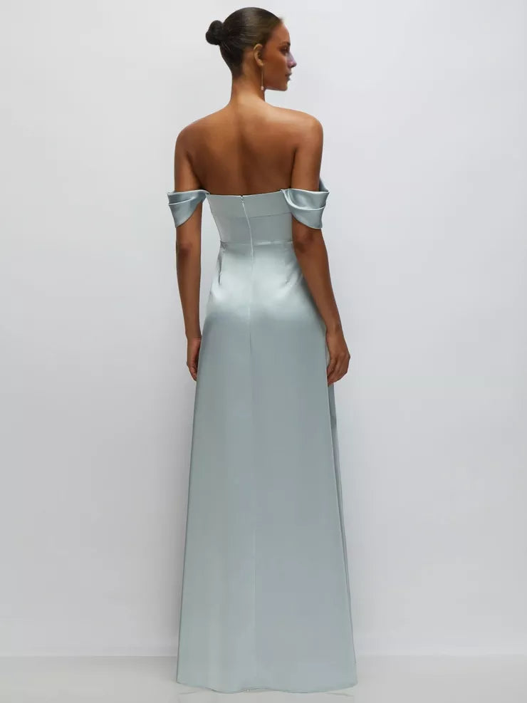 Off shoulder collar sleeveless backless side slit and floor length Prom dress