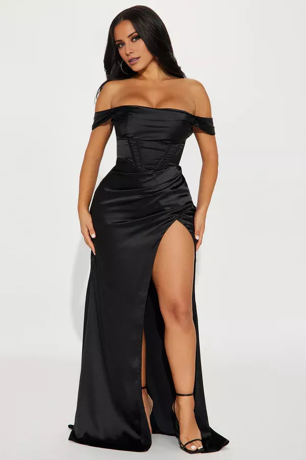 Off shoulder collar sleeveless backless side slit and floor length evening dress