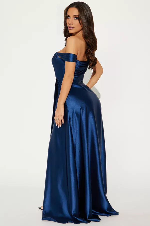 Dark Navy Satin Off-the-Shoulder A-Line Floor-Length Gown with Draped Bodice & High Slit