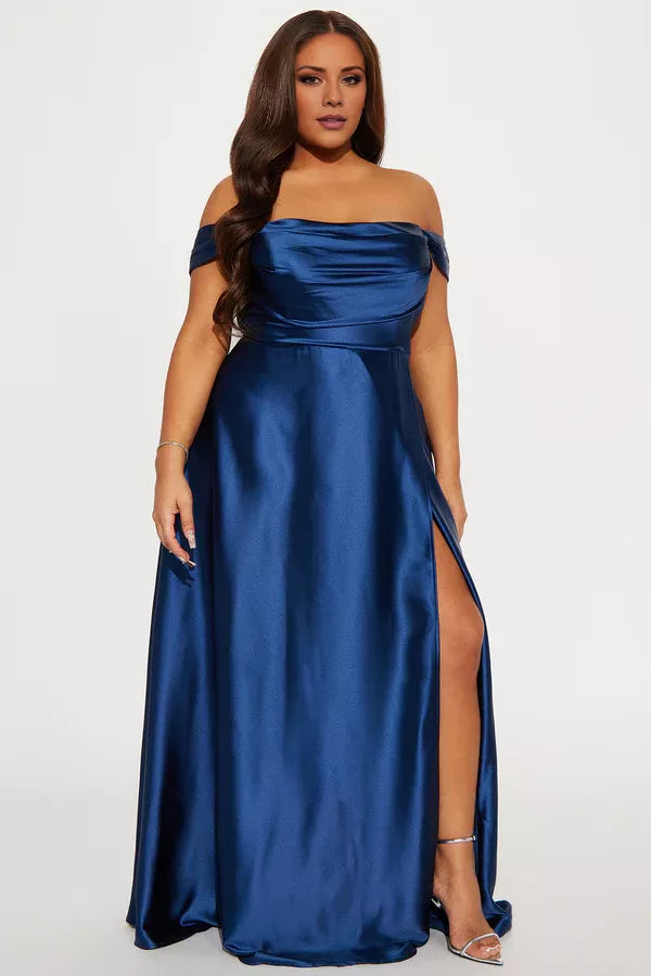 Dark Navy Satin Off-the-Shoulder A-Line Floor-Length Gown with Draped Bodice & High Slit